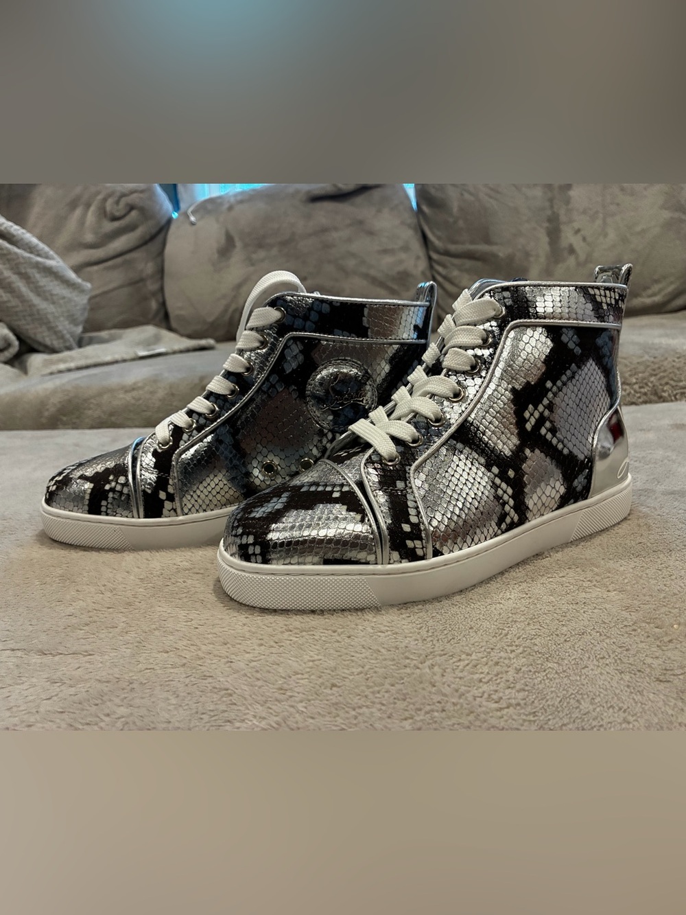Christian Louboutin Snake-Print High Top Sneakers in Silver & Black
